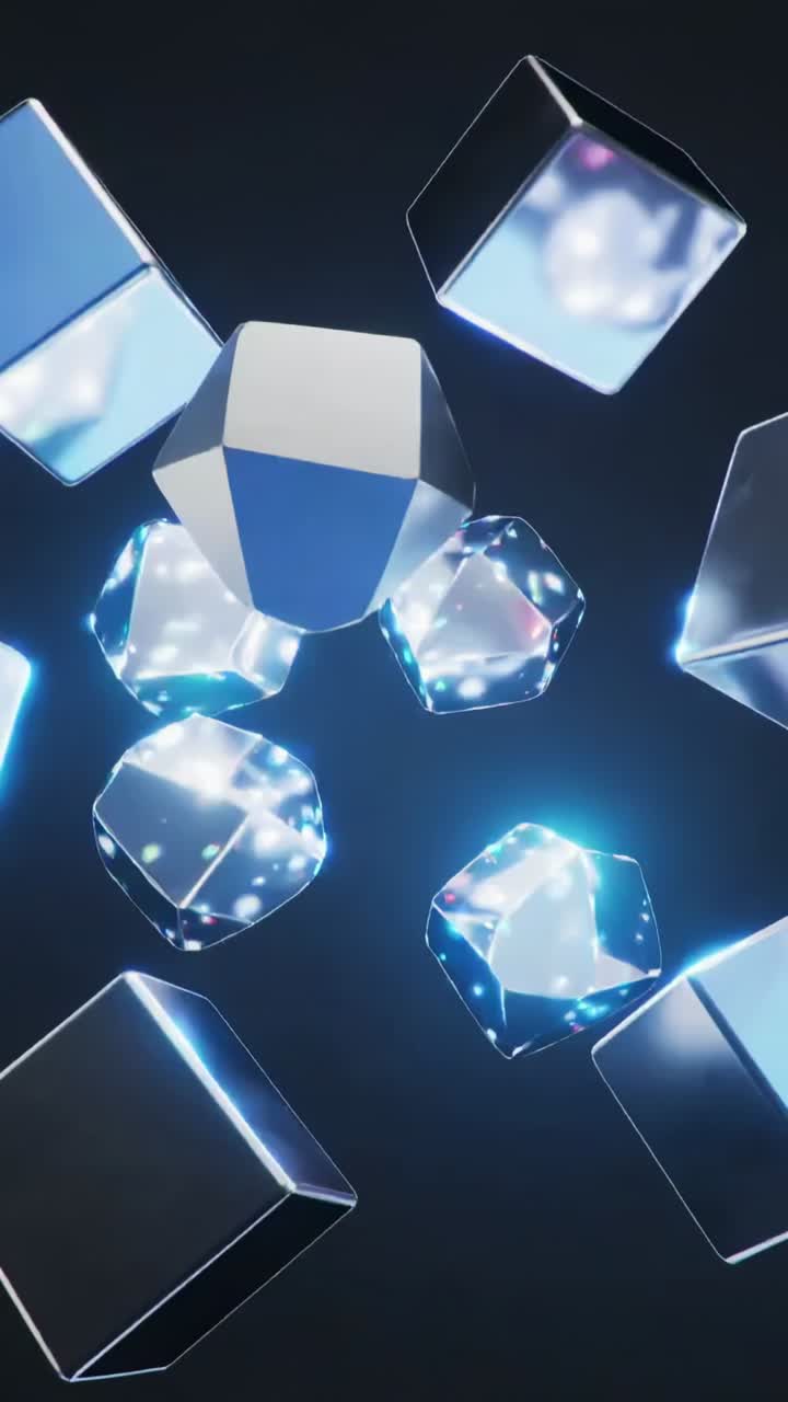 Vertical video: Rotating metal cubes and crystals circling cyan glow in dark void with magenta face