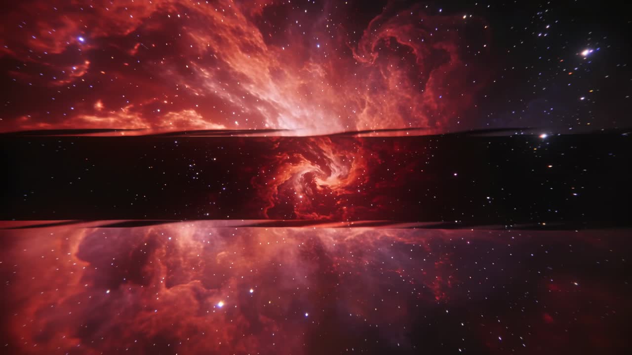 Telecamera che ingrandisce e inizia a mettere a fuoco una nebulosa rossa con vortice luminoso, banda scura che scorre rivelando il nucleo.
