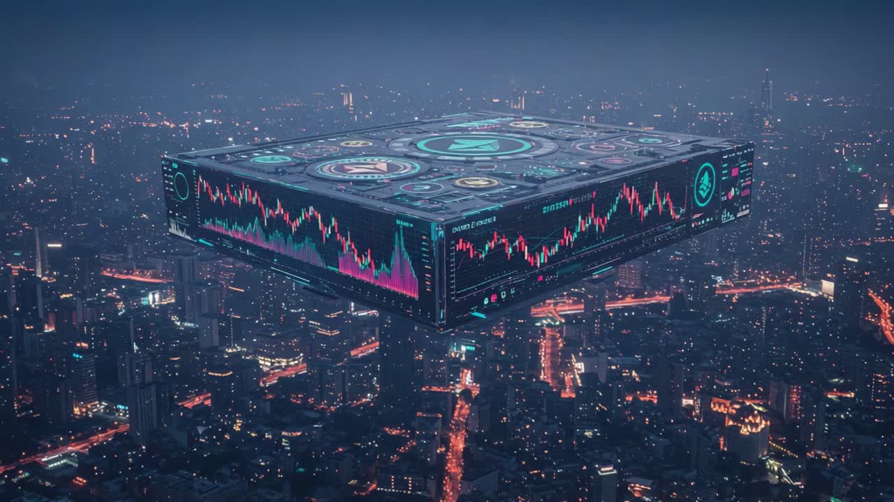 Futuristic holographic data visualization platform floating over a vibrant city skyline, showcasing dynamic analytics and insights in a digital space