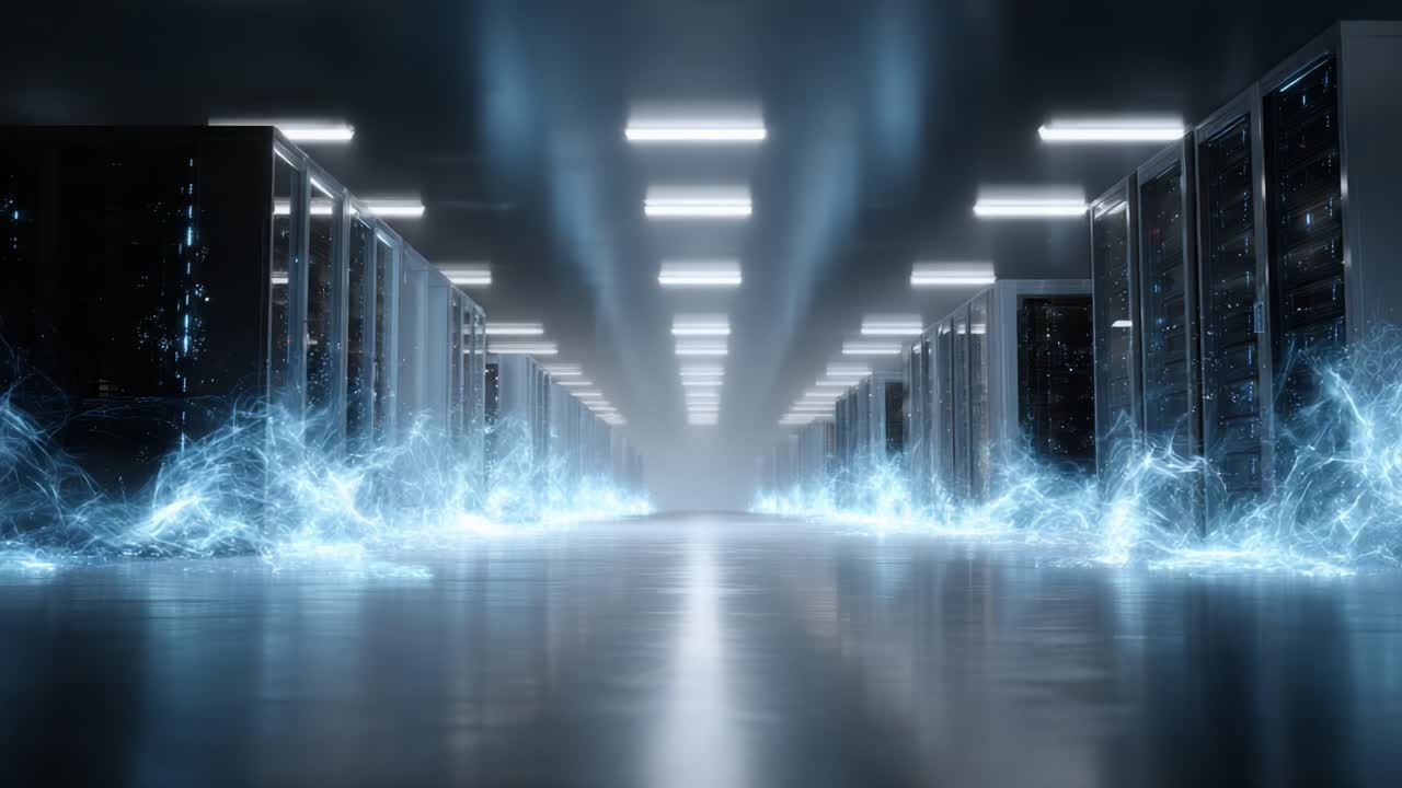 A Stunning Visualization of Technology: An Electrifying Data Center with Dynamic Light Effects, Capturing the Essence of Modern Computing and Network Infrastructure