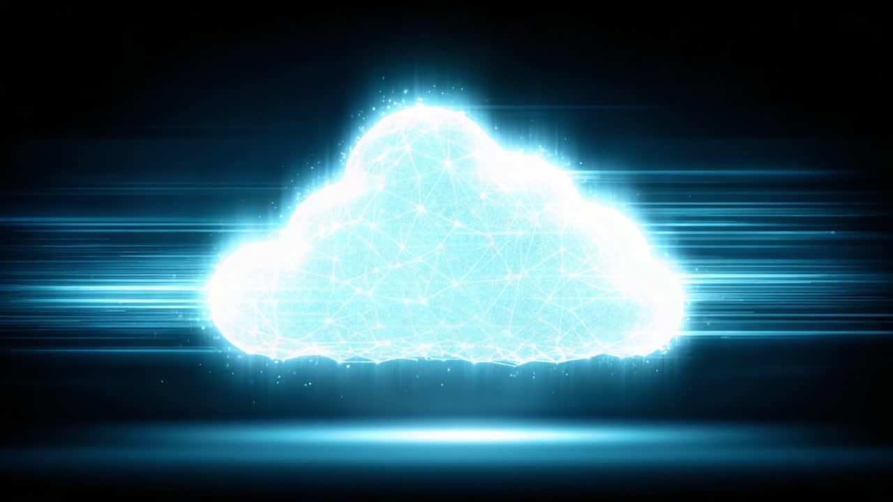 A Stunning Visual Representation of Cloud Technology in Motion, Showcasing Futuristic Elements of Data Transfer and Digital Connectivity in a Luminous Environment