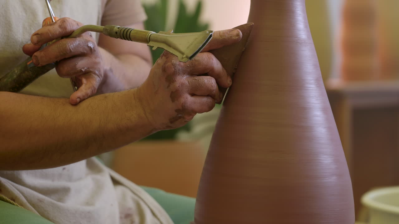 глиняная ваза формируется гладкой с деревянным инструментом на студии гончаков колесо поворотного стола