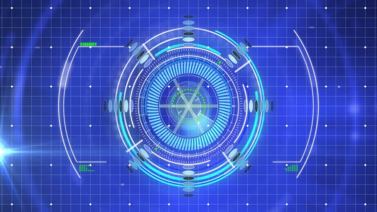 Futuristic digital interface animation with rotating elements and grid background