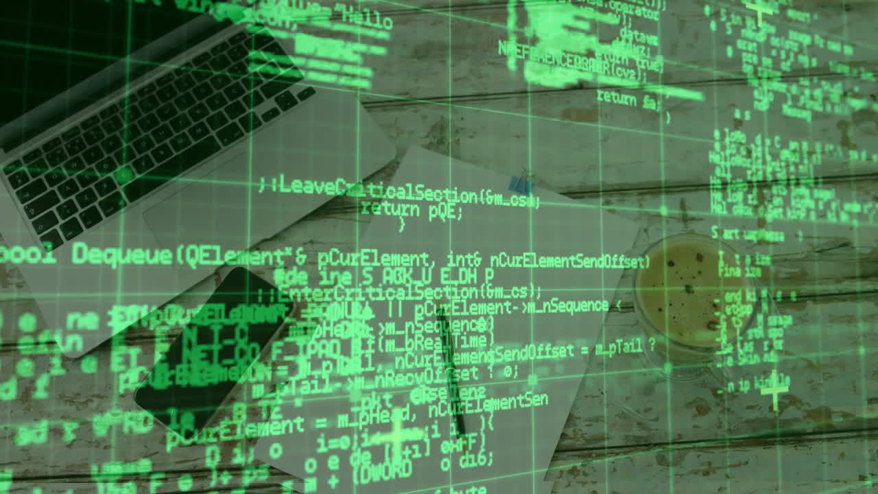 Open silver laptop being animated on desk with code overlay, featuring papers smartphone coffee cup