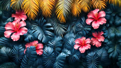 colorful tropical foliage with vibrant hibiscus flowers in a lush setting