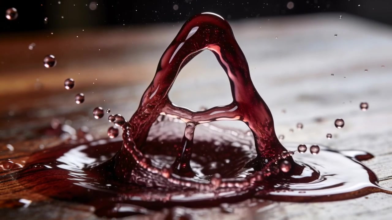 Éclaboussure de liquide rouge foncé arquée sur une table en bois après qu'une gouttelette ait frappé la surface, éjectant des gouttes