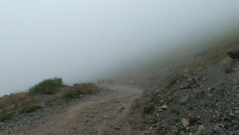hikers in foggy mountain