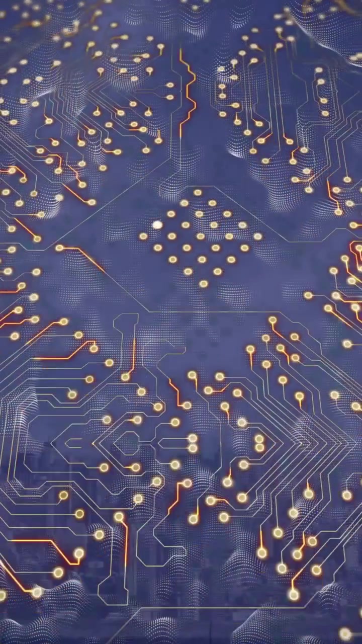 Animation of shapes and computer circuit board over cityscape