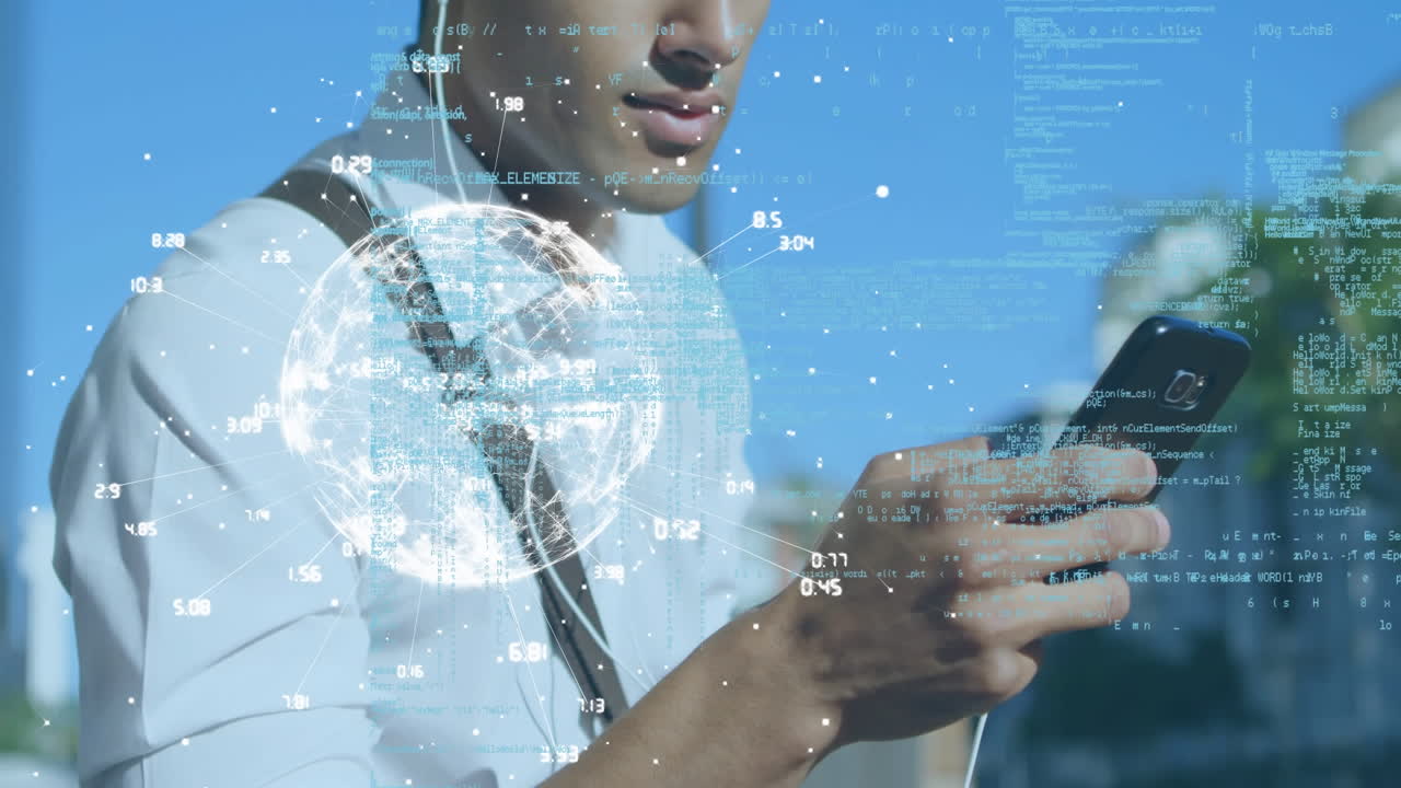 Animation of data processing and globe over man using smartphone