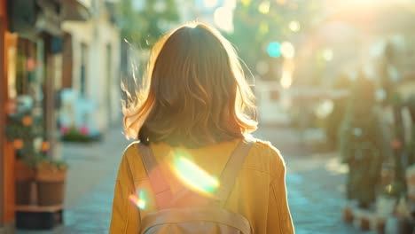 a woman with a backpack walking down a city street