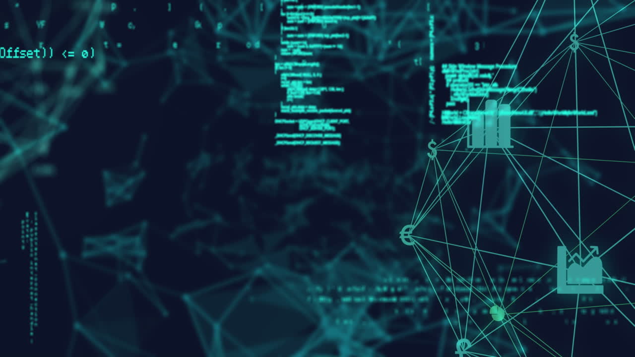 animación de procesamiento de datos e iconos de medios en fondo azul