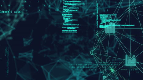 animation of data processing and media icons on blue background