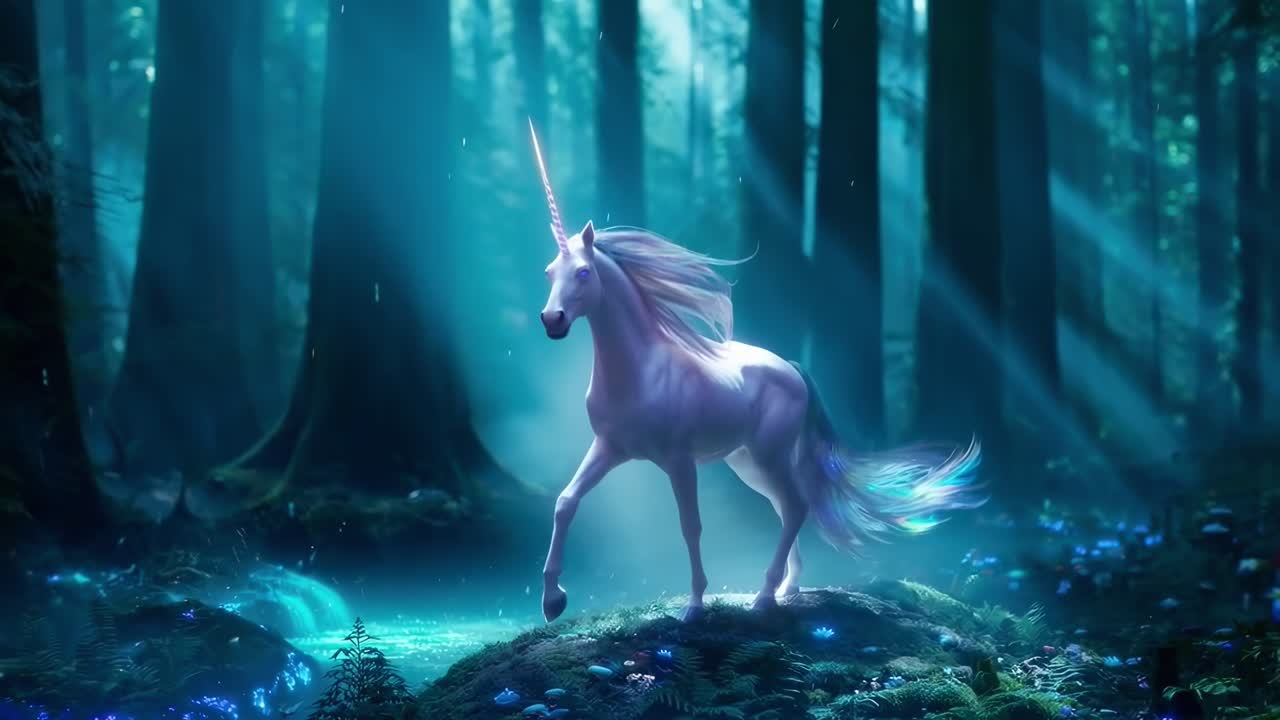 A mystical unicorn in a magical forest, captured from a low angle, ideal for fantasy video, Live