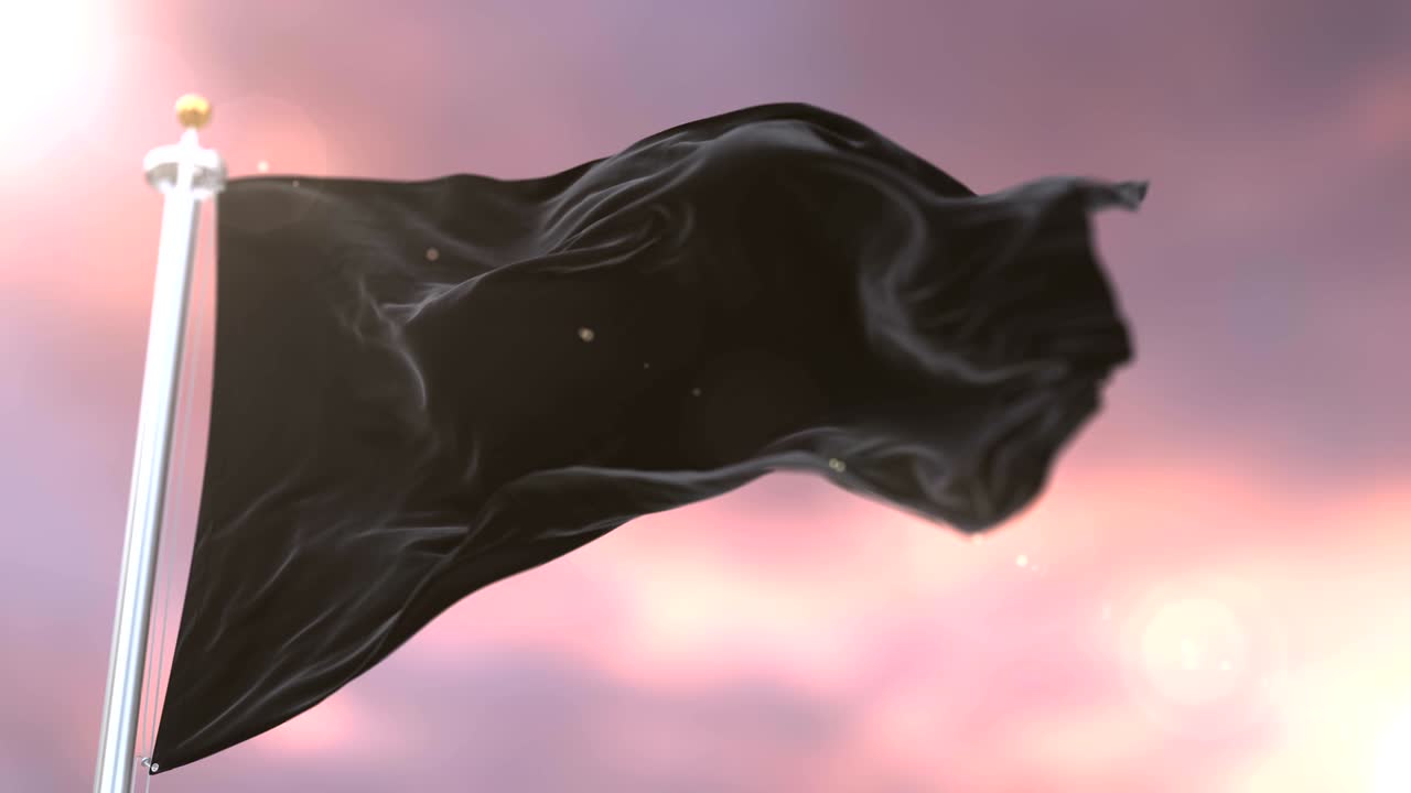 черный флаг, размахивающий ветром, медленно на закате, петля.