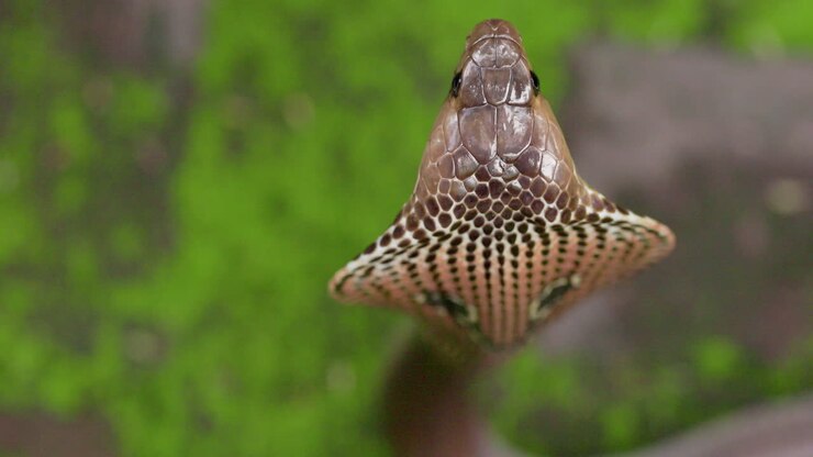 Bovenop genomen foto van de kop van een Indische brilcobra die zijn brede schubben en ogen toont
