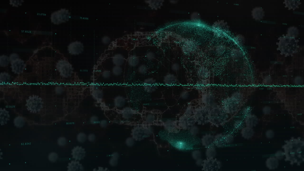 animación del gráfico, globo giratorio sobre la célula infectada flotante contra un fondo negro.