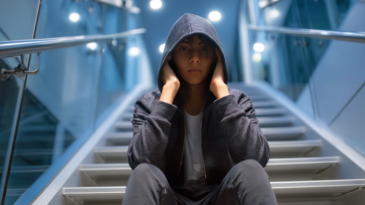A Pensive Youth in a Hoodie Sits on a Staircase, Contemplating Life with a Serious Expression in a Modern, Brightly Lit Environment