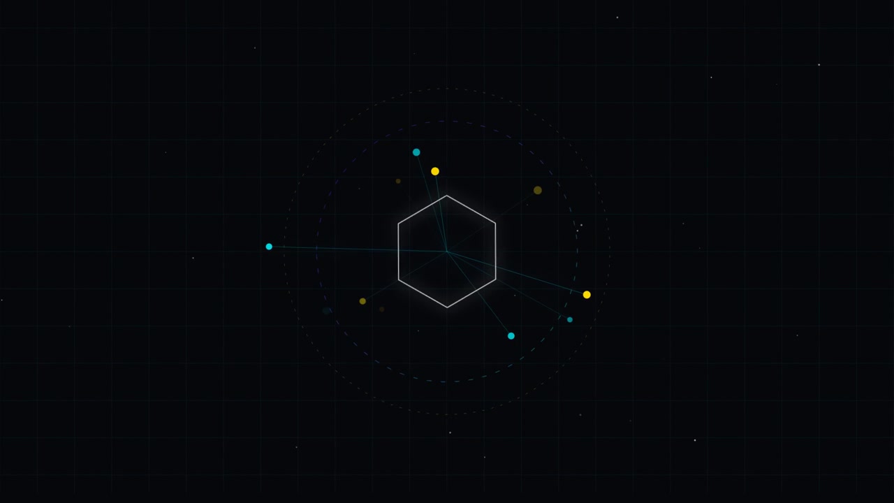 Abstract Digital Hexagon Graphic with Orbiting Data Points