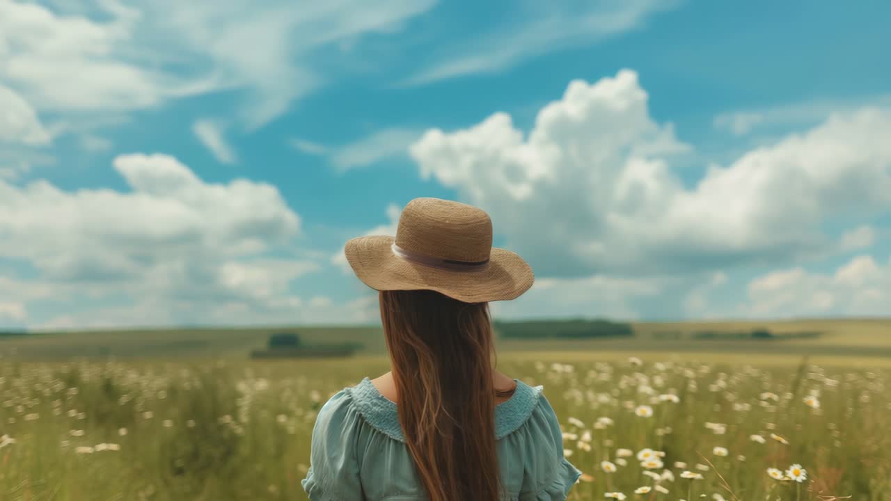 Back view of young woman with long brown hair wearing straw hat and light blue dress standing in meadow with daisies looking at horizon under blue sky with white clouds