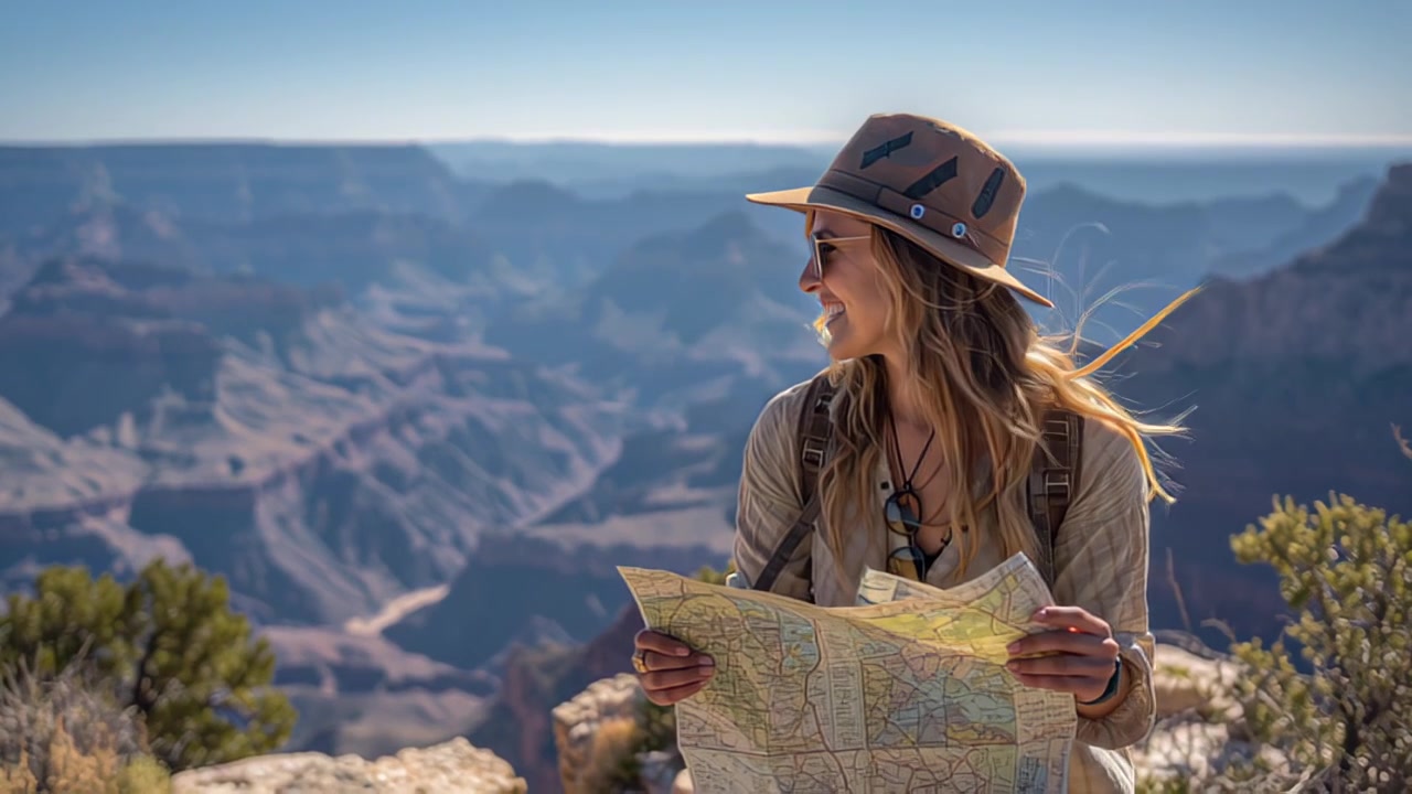 Aufnahme einer lächelnden Reisenden mit Rucksack und Hut, die an einem Aussichtspunkt des Grand Canyon eine Papierkarte hält und ein sonniges Tagesabenteuer im amerikanischen Südwesten genießt.