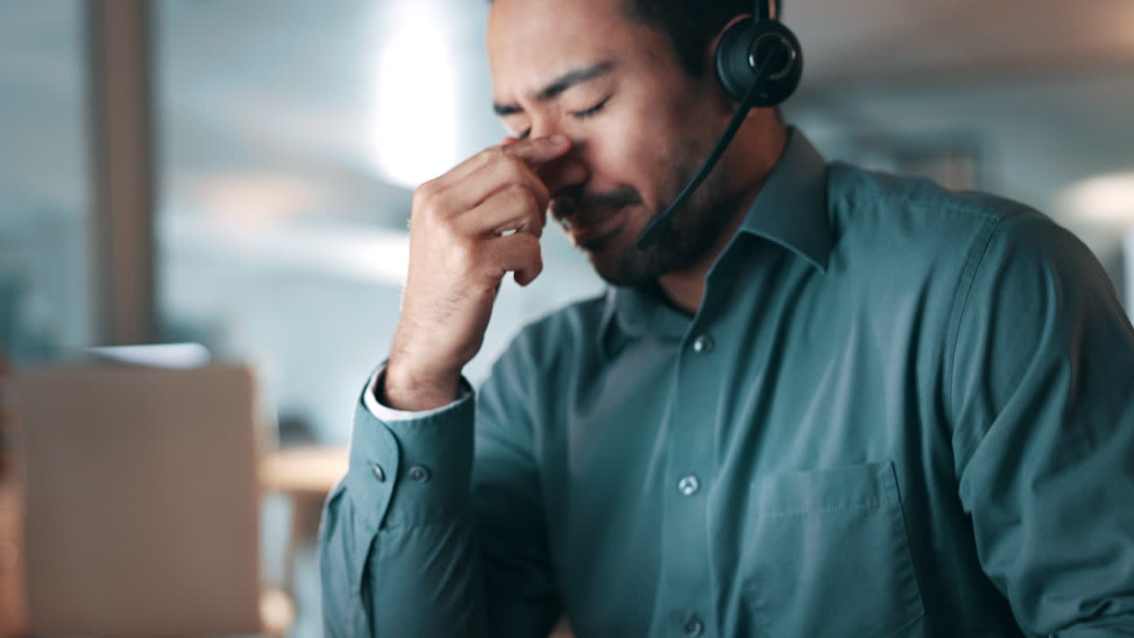 Business man, headache and call center, stress