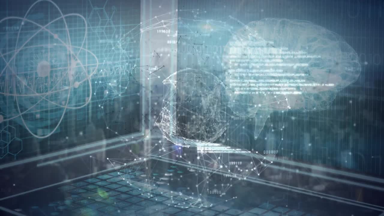 Animation of globe and network of connections over medical data processing on screens
