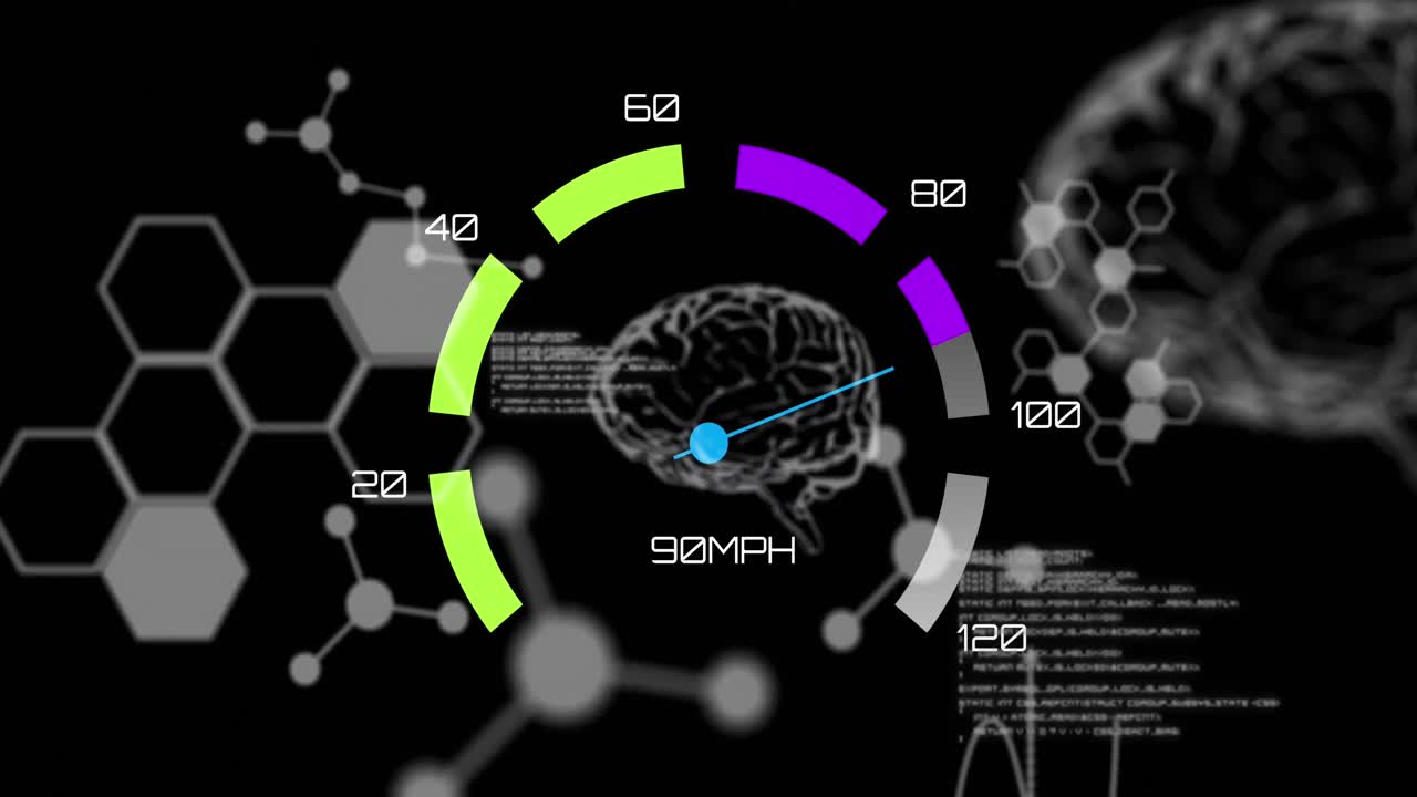 속도계와 검은 바탕 위의 과학적 데이터와 뇌의 애니메이션