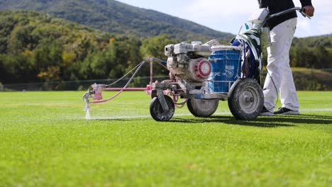 Line-painting-machine-being-pushed-by-operator-to-paint-lines-on-football-field-with-mountains-in-the-background