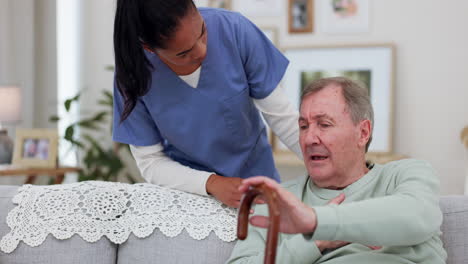 senior man, talking and caregiver support on sofa