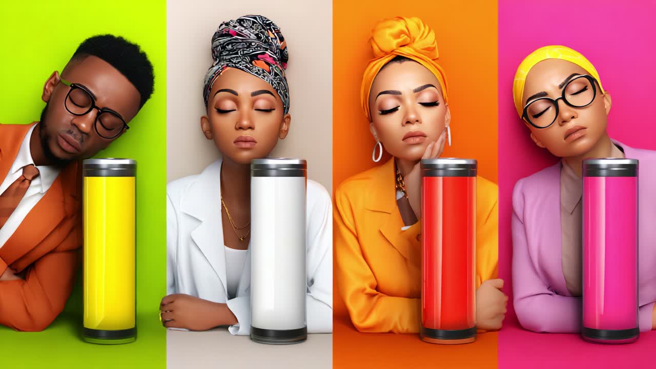 A Vibrant Display of Diversity: Four Individuals Showcase Unique Styles and Emotions, Emphasizing Color and Fashion Through Thoughtful Expressions and Stylish Accessories