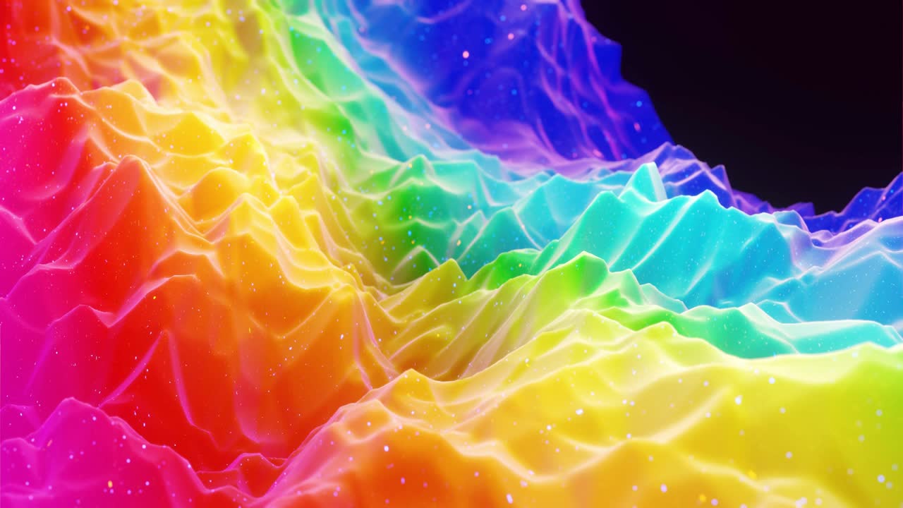 hermosa superficie abstracta 3d con extrusión o desplazamiento de ondas se transforman en bucle. gradiente arco iris. material mate suave como dulzura o mermelada con ligero brillo interno, brilla en la superficie de morphing.