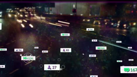 animación de iconos y números de redes sociales sobre el paisaje urbano en la pantalla con líneas de fallo