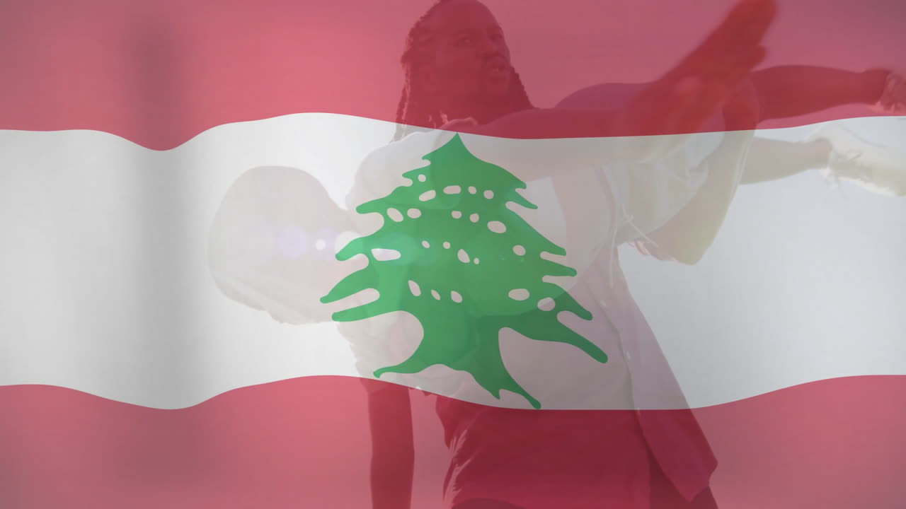 Dancing energetically, people with Lebanon flag overlay in bright animation light