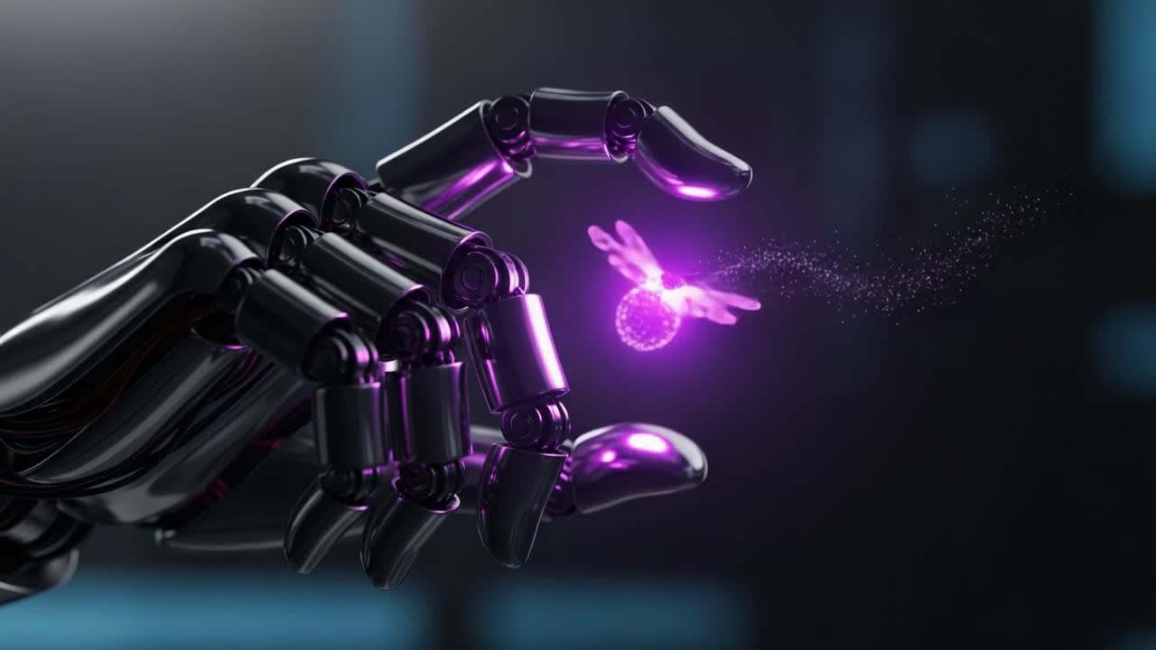 A robotic hand delicately interacts with a glowing, ethereal insect, showcasing the intersection of technology and nature in a futuristic vision of harmony and innovation