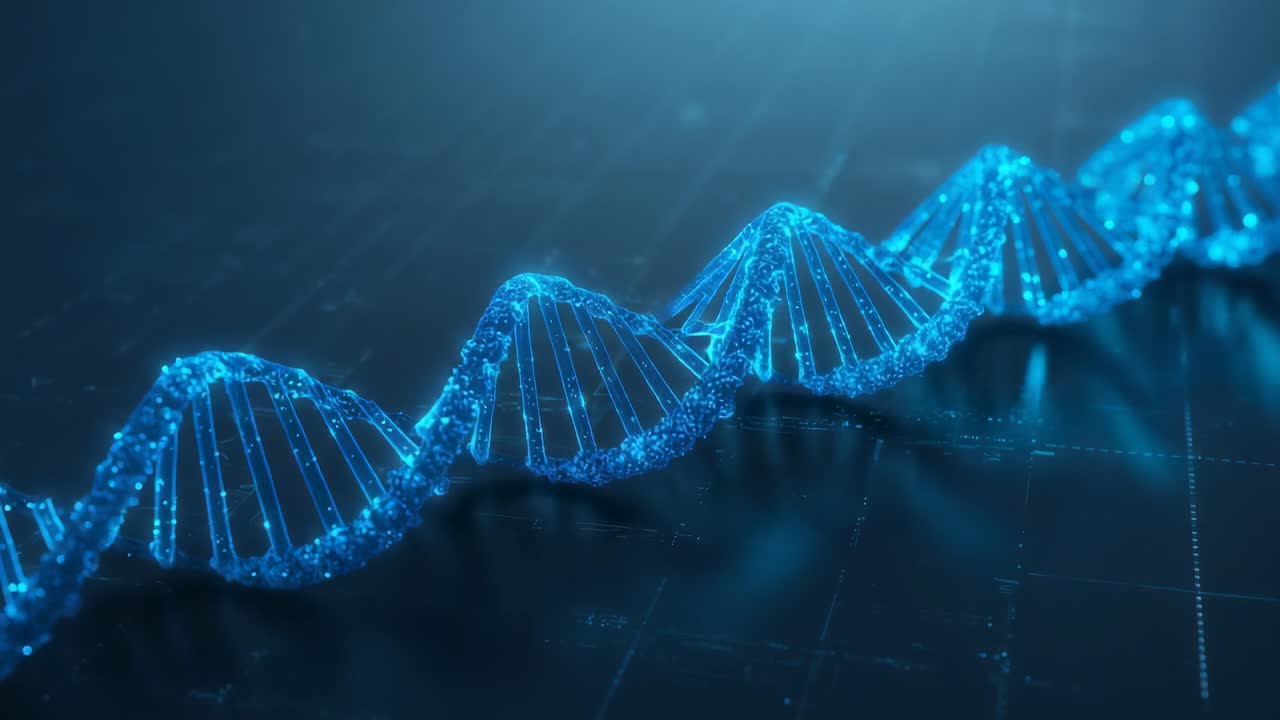 Input di dati iniziali con elica di DNA blu che ondeggia nel piano digitale, scintille che si spostano mostrando il movimento del DNA