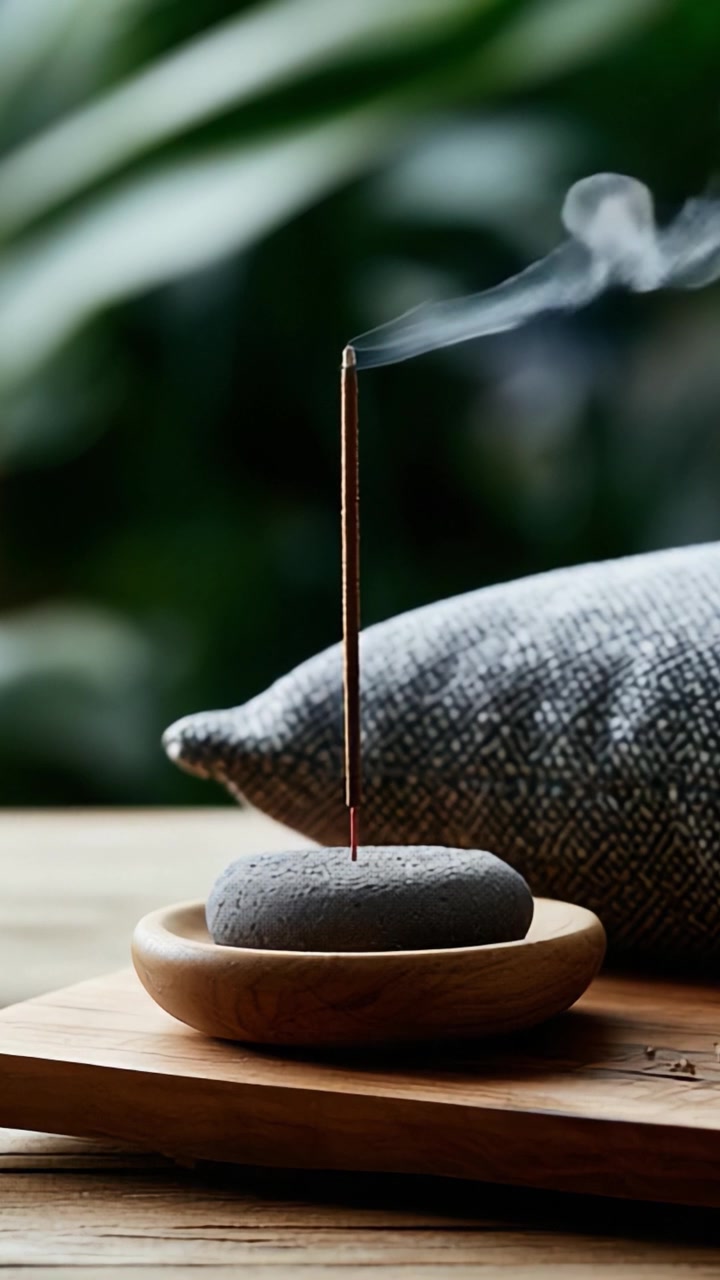 Sakin Bir An: Doğanın güzelliğiyle çevrili, taş bir tutucunun üzerinde zarifçe dengelenmiş bir tütsü çubuğu, rahatlama ve meditasyon için huzurlu bir atmosferi zenginleştiriyor.