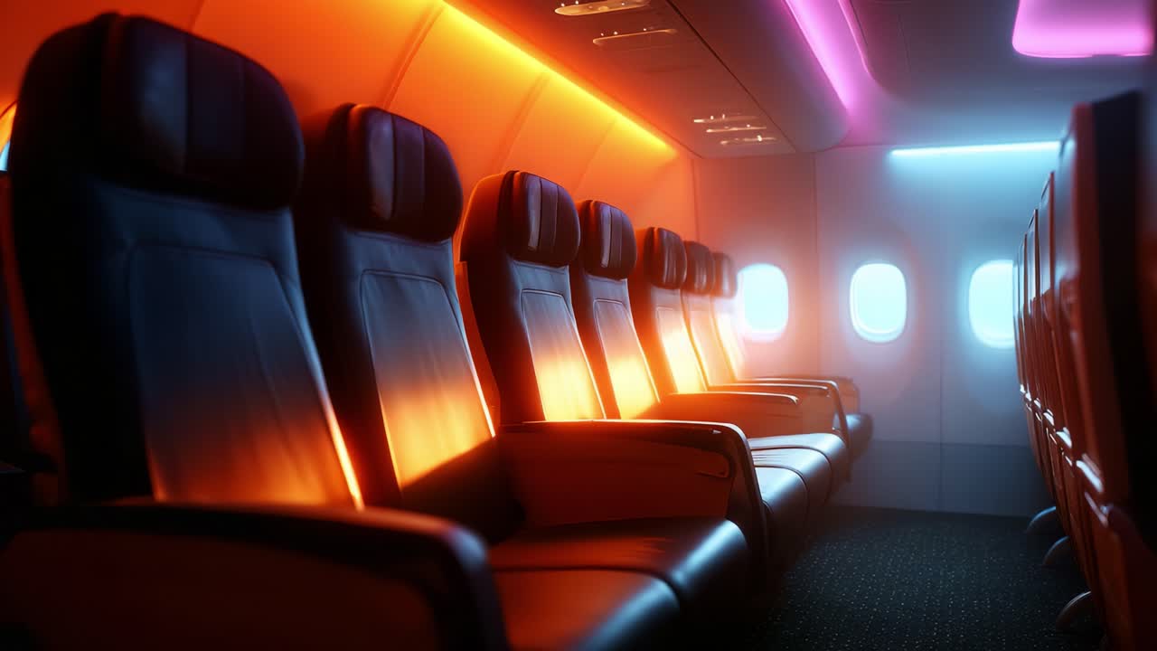 Illuminated Airline Cabin with Plush Seating: A Glimpse into Modern Aerial Comfort as the Evening Glow Enhances the Experience, Showcasing Rows of Empty Leather Seats Bathed in Warm Light