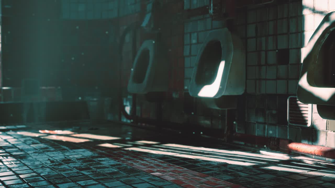 viejo inodoro público abandonado con luces brillantes