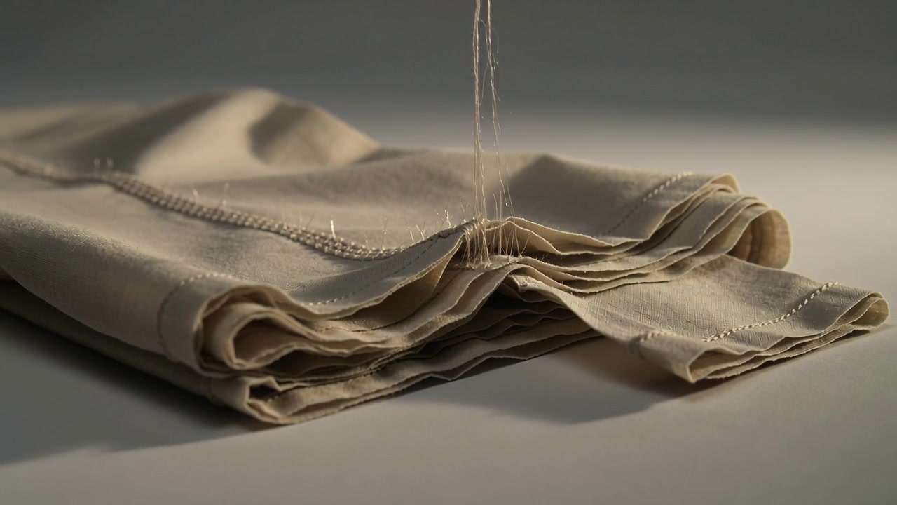 Dropping filament lifting tiny tuft from folded beige linen on studio table, showing stitched seam