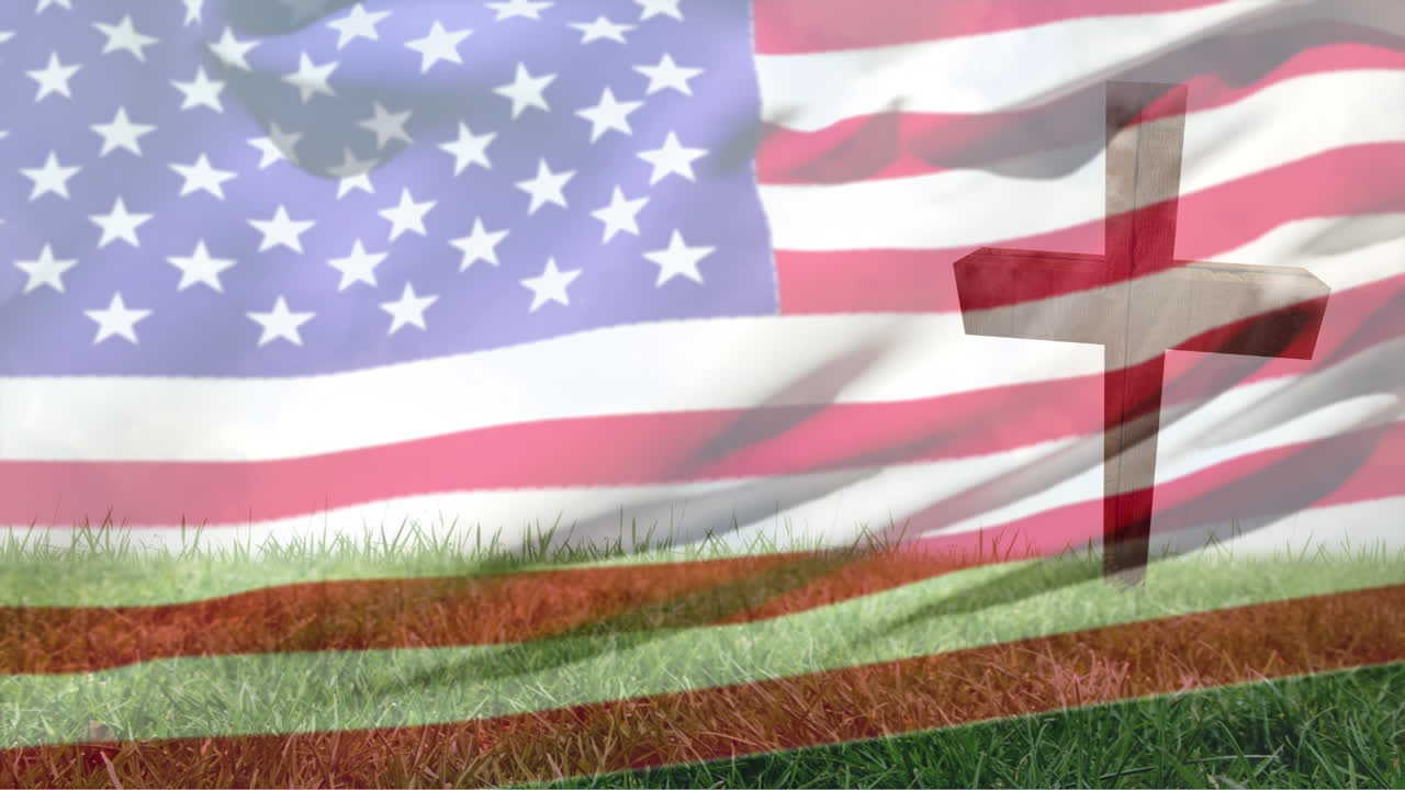 미국의  ⁇ 발을 흔드는 기독교 십자가와 풀의 애니메이션