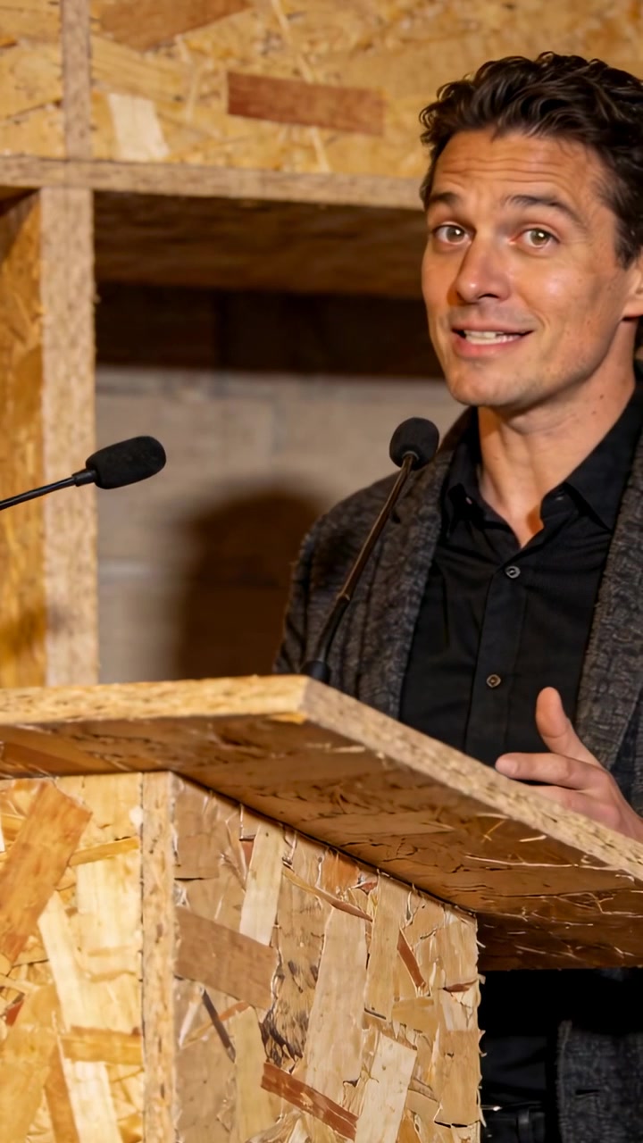 Video verticale: Introduzione che introduce un oratore che tiene un discorso sul palco in blazer grigio, a un leggio in OSB con microfoni.