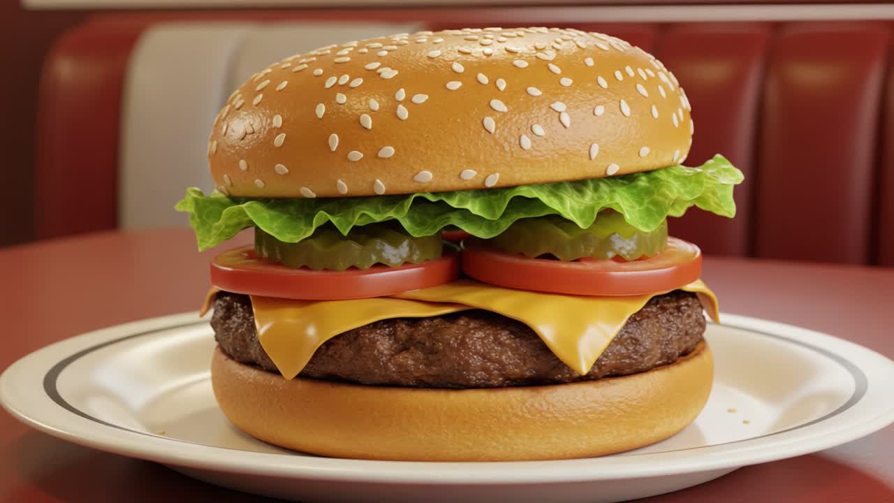 Deliciously Crafted Hamburger with Sesame Seed Bun, Fresh Lettuce, Sliced Tomatoes, and Melted Cheese, Showcased on a Plate in a Classic Diner Setting