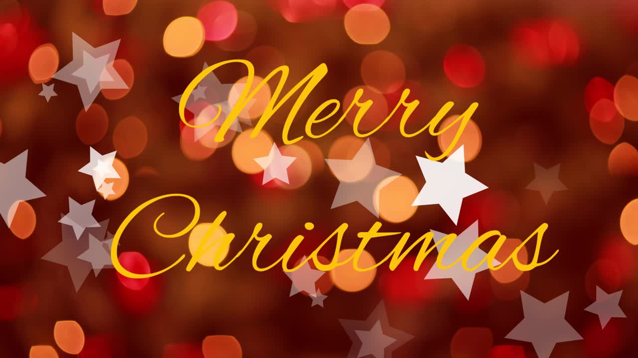 흐려진  ⁇ 은 배경에 메리 크리스마스 텍스트에 떨어지는 크리스마스 별의 애니메이션