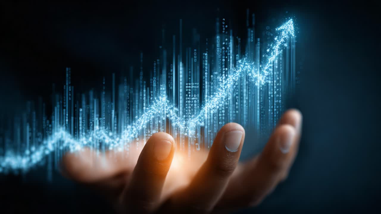 A Stunning Visualization of Financial Growth and Data Trends Represented as a Digital Hand Holding an Ascending Graph with Binary Code in Blue Light