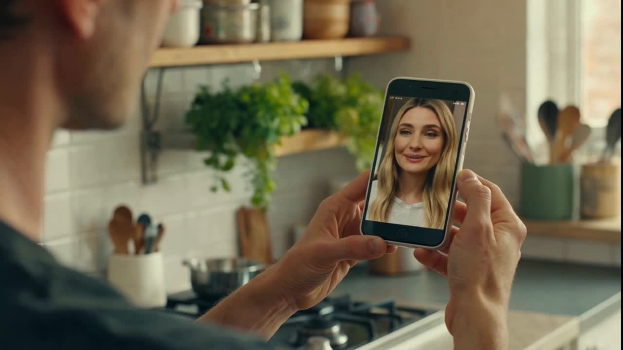 Man on Video Call with Woman While Cooking in Kitchen