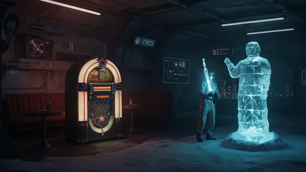 A Mysterious Encounter: A Figure in a Space-Themed Lounge Interacts with an Icy Sculpture While a Jukebox Sets the Scene in a Futuristic Environment