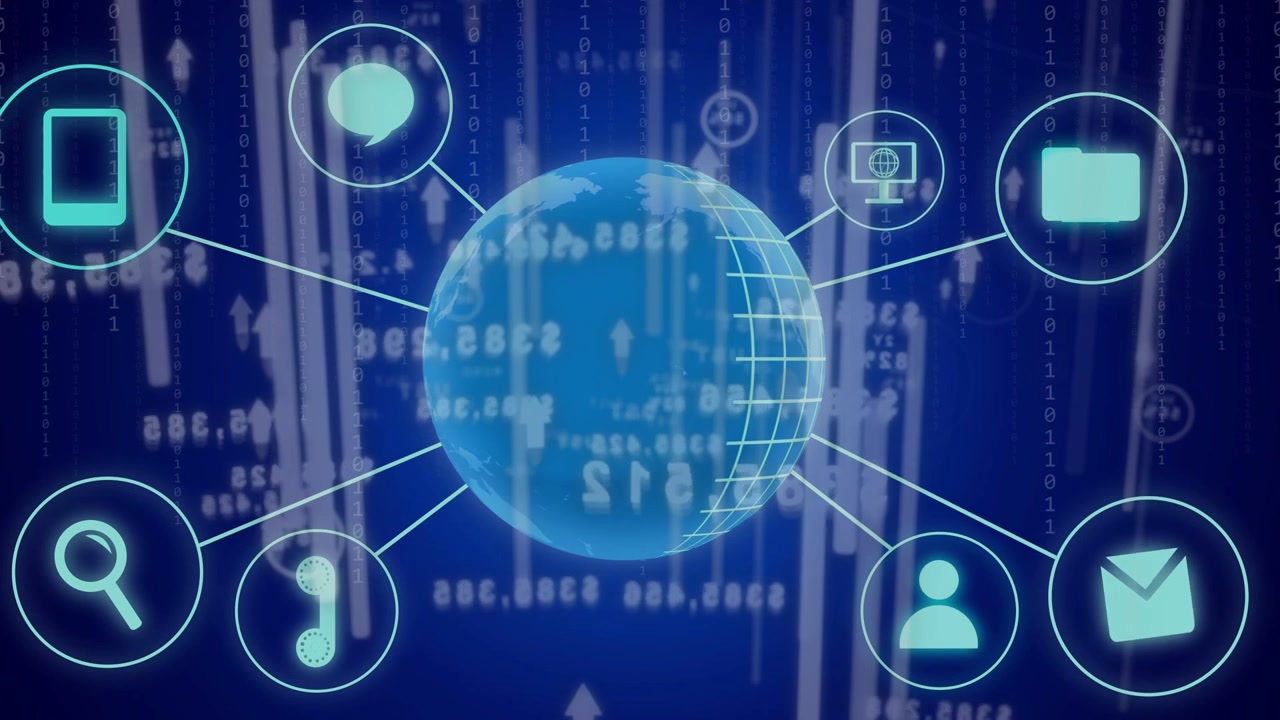 Numeriske strømme, der udgår fra en central globus, med fremvoksende noder, der dukker op og forbinder sig, og viser et globalt netværk