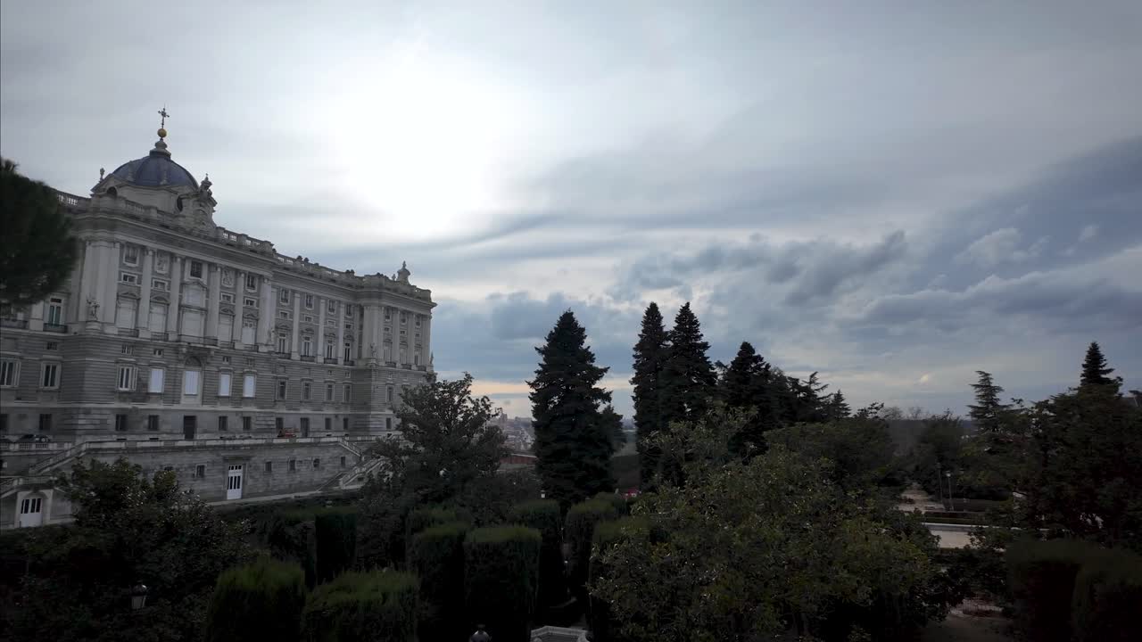 Panoramic shot of the Royal Palace with the Sabatini Gardens during sunset