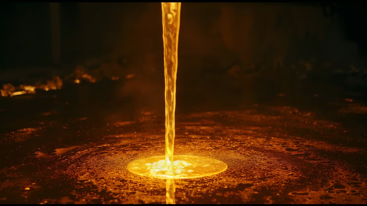 Pouring molten metal stream initiating pool formation in crucible in foundry, for metal casting