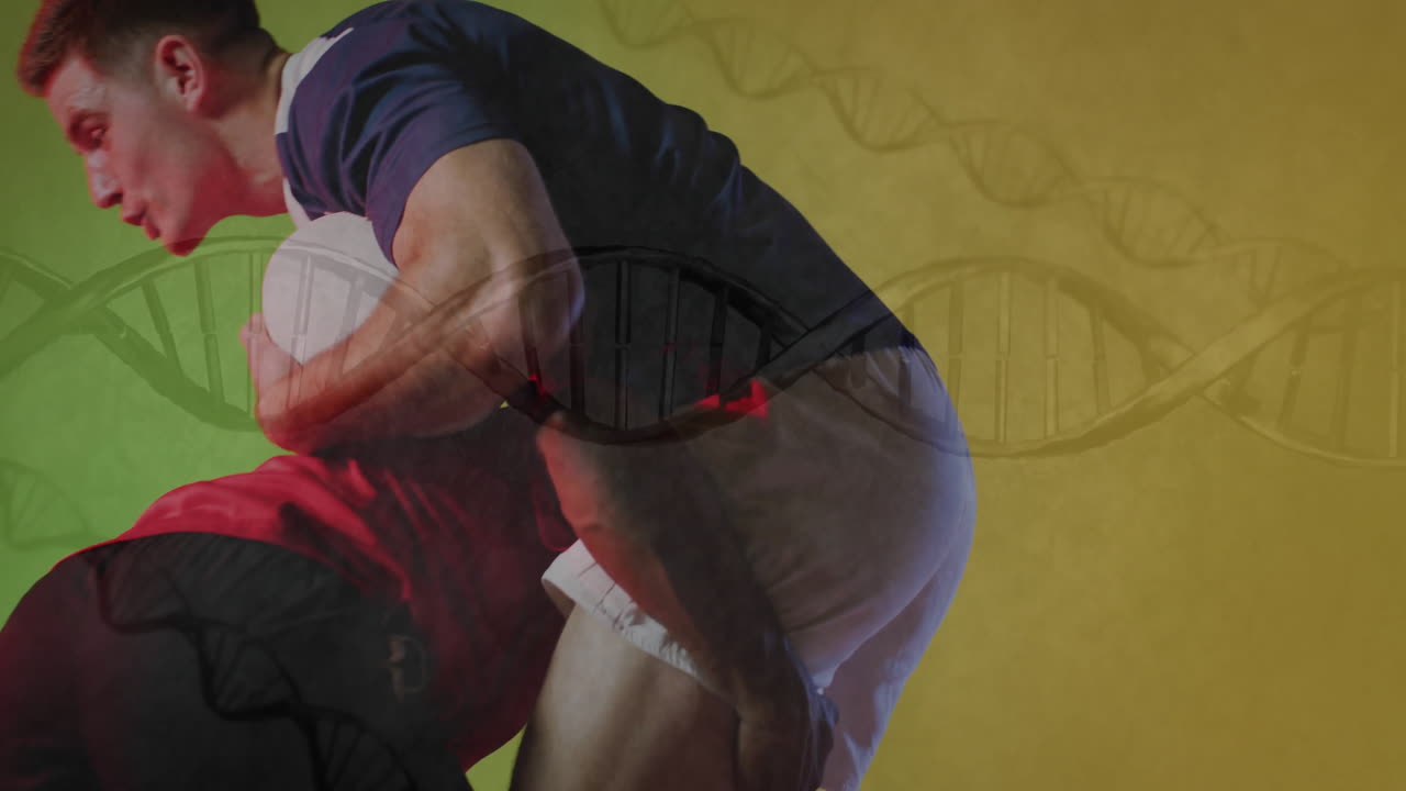 Rugby players in action with DNA strand animation overlay on yellow background
